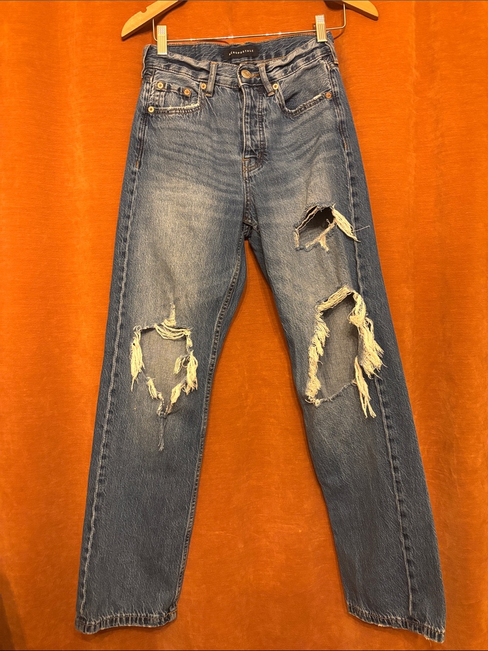 Aeropostale Women's Distressed Blue Straight-Leg Jeans